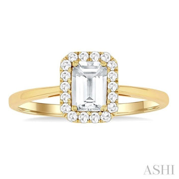 6x4 MM Octagonal Shape White Topaz and 1/6 Ctw Round Cut Diamond Halo Semi-Precious Ring in 10K Yellow Gold